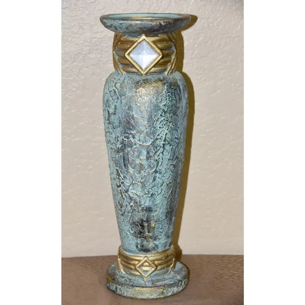 Jaru Art Deco Green and Gold Cast Stone Ceramic Pillar Candle Holder